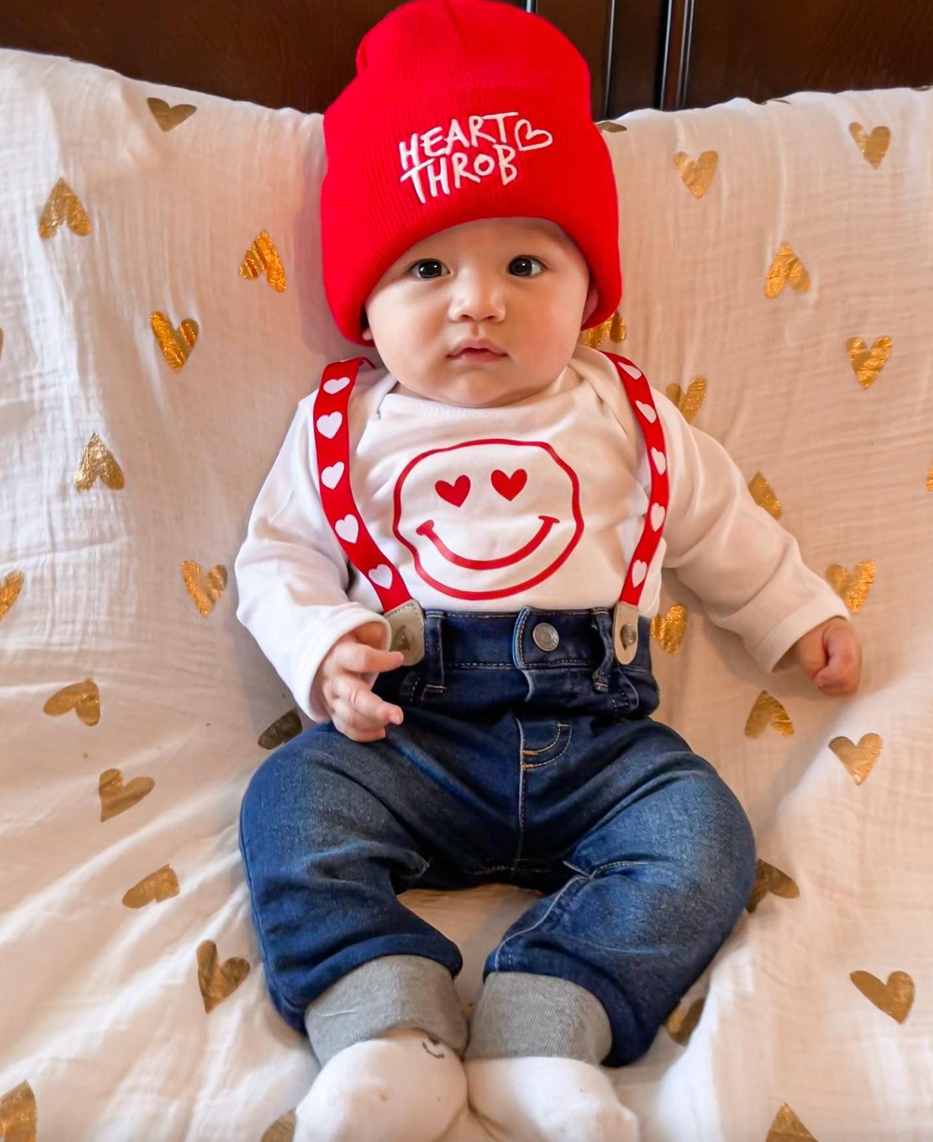 Child Beanie - Heart Throb - Bright Red w/ White Little Mama Shirt Shop LLC