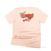Pocket Fruit (Front) w/ Group of Smiley Fruit (Back) - Unisex Tee Little Mama Shirt Shop