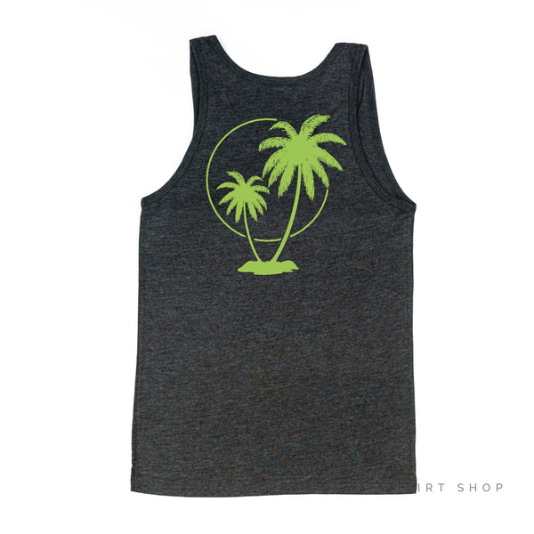 BEACH PLEASE POCKET DESIGN FRONT / 2 PALM TREES BACK - Unisex Jersey Tank