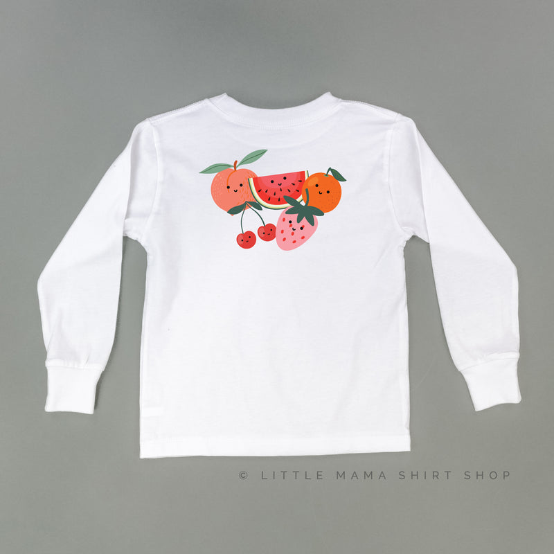 Pocket Fruit (Front) w/ Group of Smiley Fruit (Back) - Long Sleeve Child Shirt