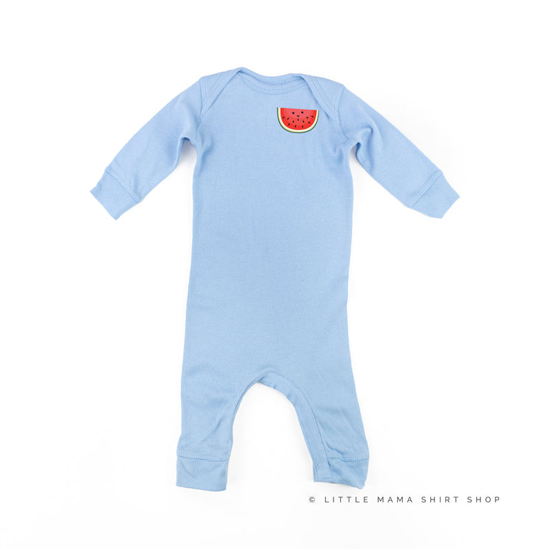 Pocket Fruit (Front) w/ Group of Smiley Fruit (Back) - One Piece Baby Sleeper