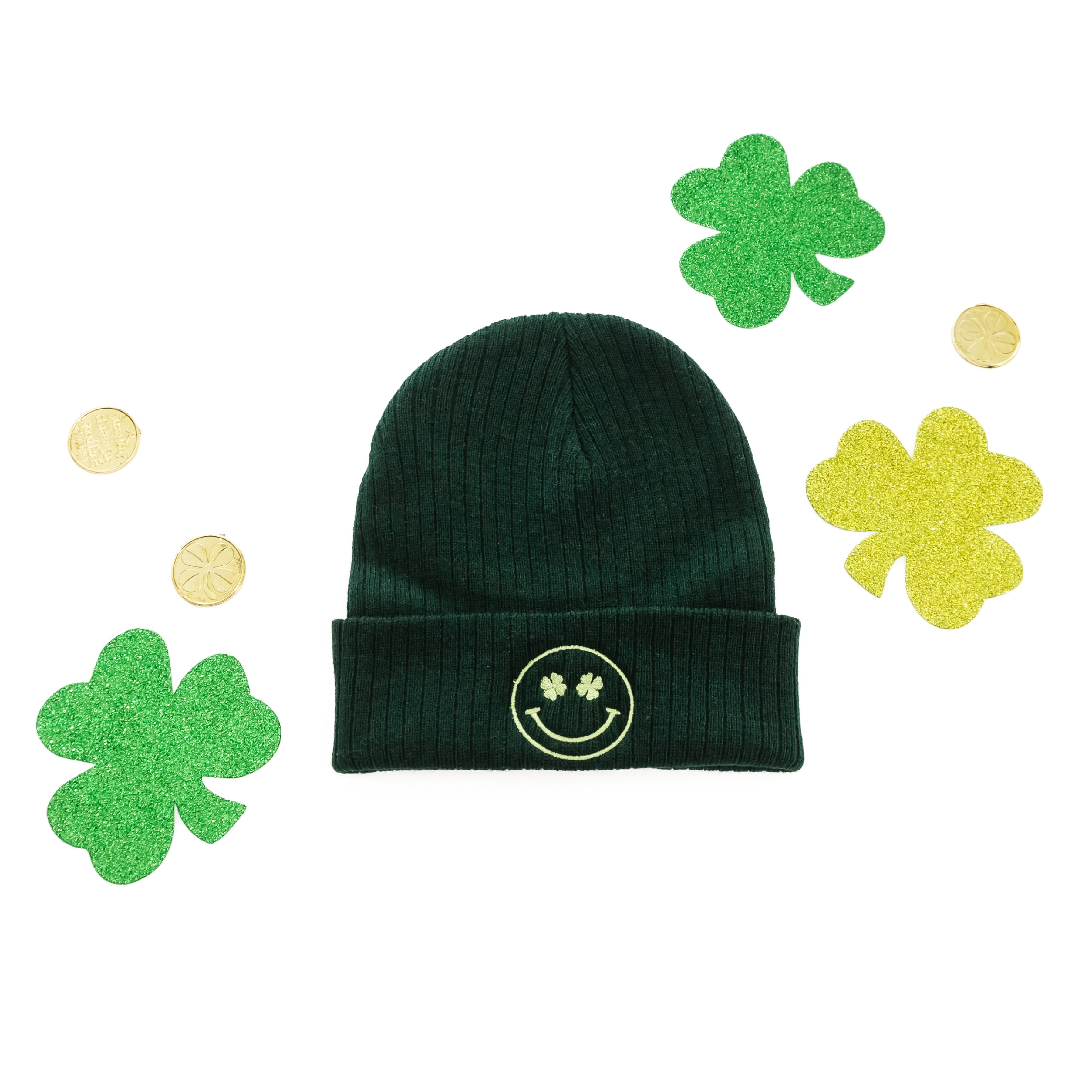 Ribbed Beanie - Shamrock Eyes Smiley - Forest Green w/ Lime Green Thread Little Mama Shirt Shop LLC