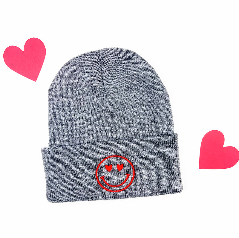 Child Beanie - HEART EYE SMILEY - Gray w/ Red