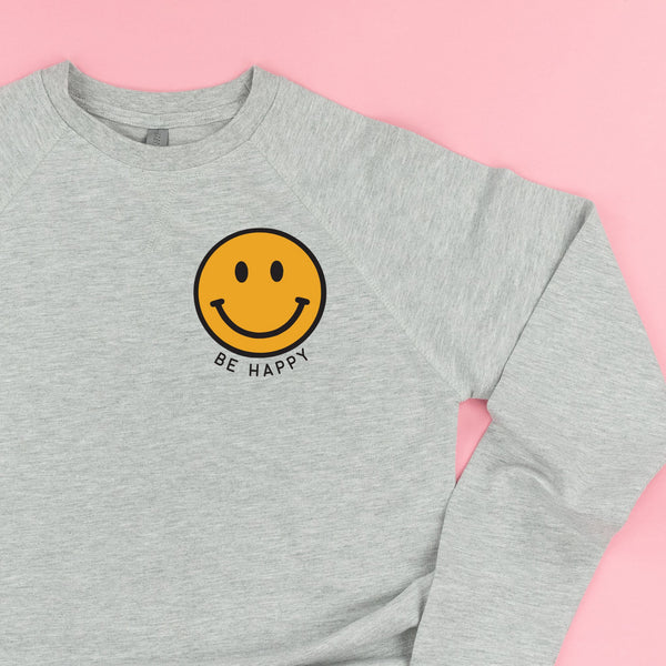 BE HAPPY -  Pocket Size Smiley Face (Yellow Smiley) - Lightweight Pullover Sweater