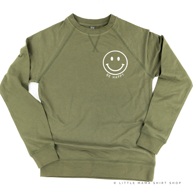 BE HAPPY - Smiley Face (Black or White Smiley) - Lightweight Pullover Sweater