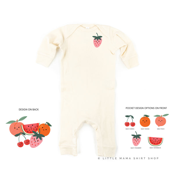 Pocket Fruit (Front) w/ Group of Smiley Fruit (Back) - One Piece Baby Sleeper