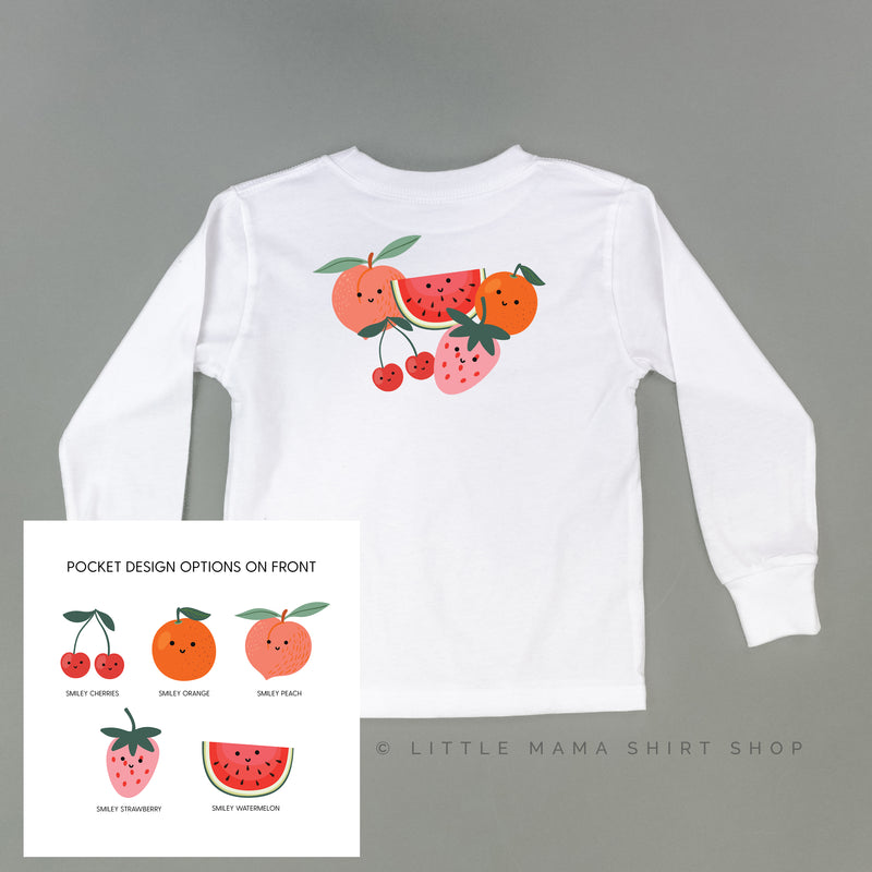 Pocket Fruit (Front) w/ Group of Smiley Fruit (Back) - Long Sleeve Child Shirt