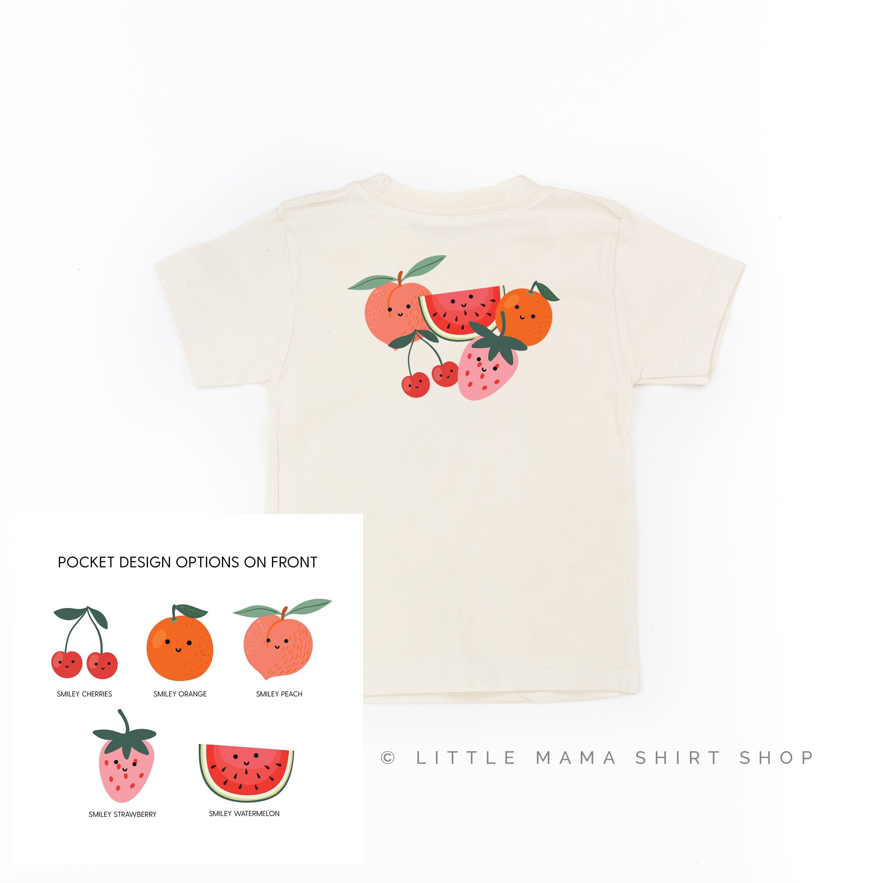 Pocket Fruit (Front) w/ Group of Smiley Fruit (Back) - Short Sleeve Child Tee Little Mama Shirt Shop