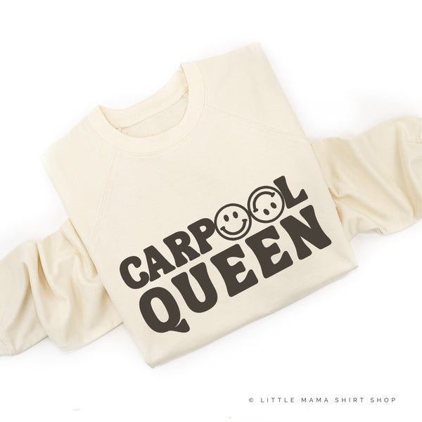 CARPOOL QUEEN (Up And At 'Em Smiley Face on Back) - Lightweight Pullover Sweater