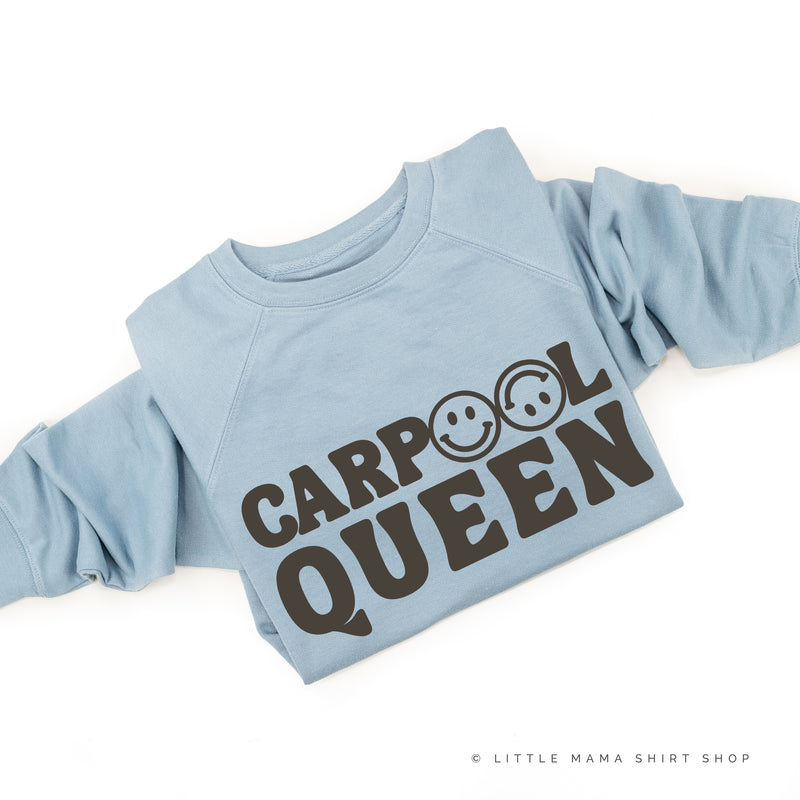CARPOOL QUEEN (Up And At 'Em Smiley Face on Back) - Lightweight Pullover Sweater