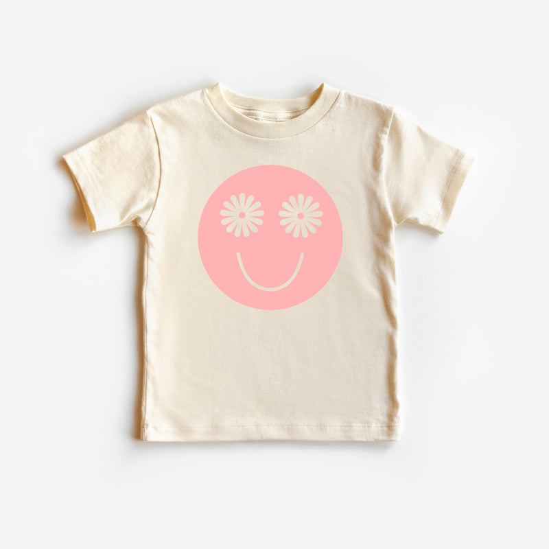 Flower Eye Smiley - Full Size Design on Front (Pink) - Short Sleeve Child Shirt