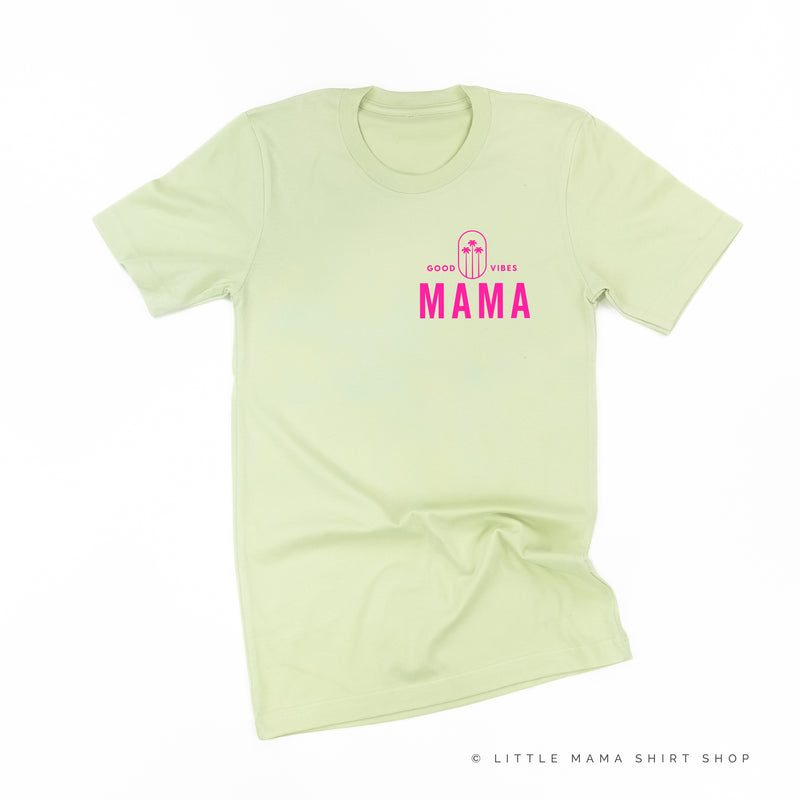 GOOD VIBES MAMA POCKET DESIGN FRONT / 3 PALMS TREE BACK - Unisex Tee