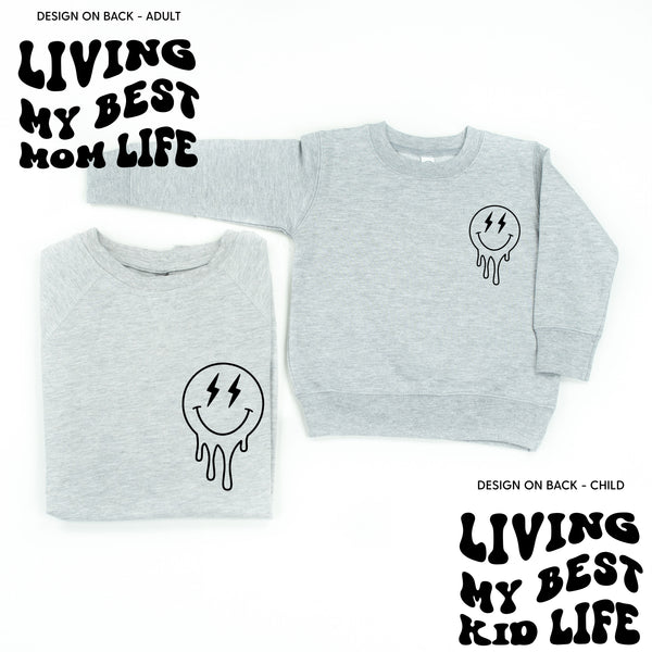 LIVING MY BEST MOM / KID LIFE (w/ Melty Lightning Smileys - Front and Back) - Set of 2 Matching Sweaters