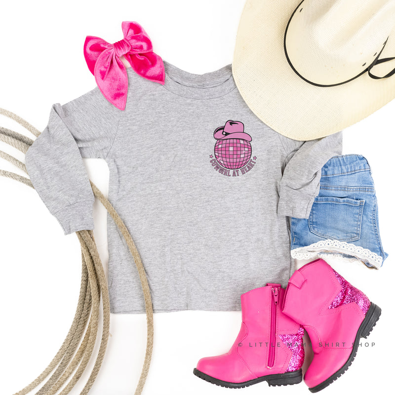 Cowgirl at Heart - Disco (Pocket) w/ Howdy x3 on Back - Distressed Design - Long Sleeve Child Shirt