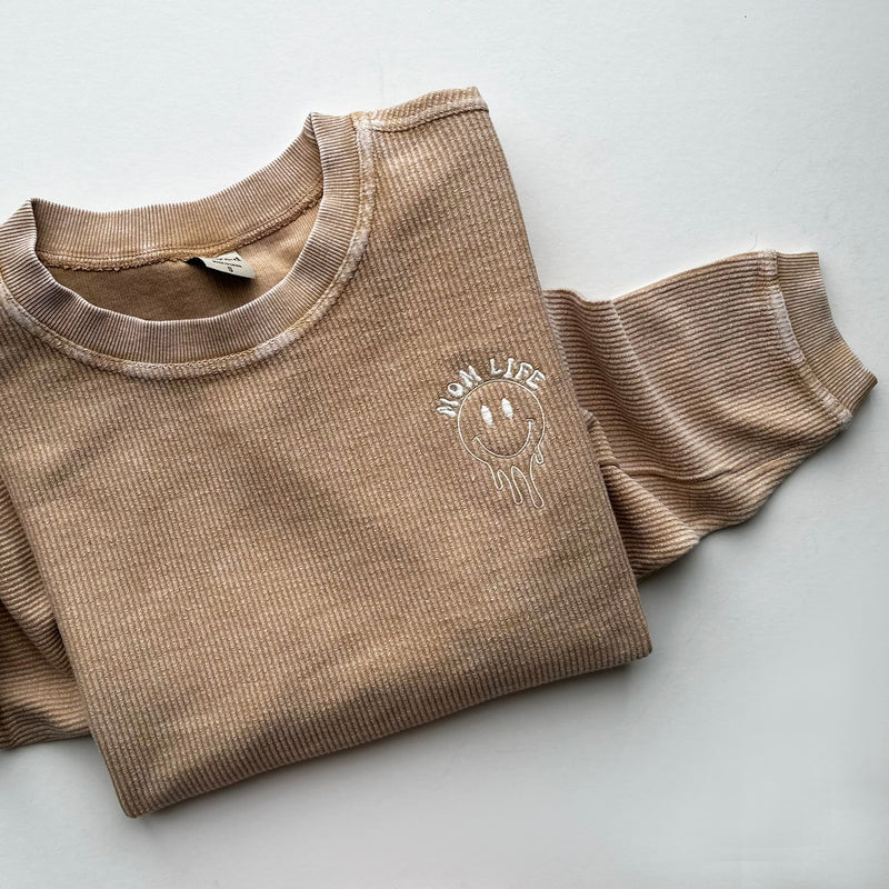 Latte Corded Sweatshirt - Embroidered - MOM LIFE- Melting smiley