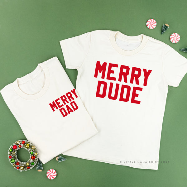 Merry Dad/Dude | Set of 2 good WHITE W/ RED SWEATERS | Christmas Mommy and Me Shirts | Matching Shirts | Christmas Shirts