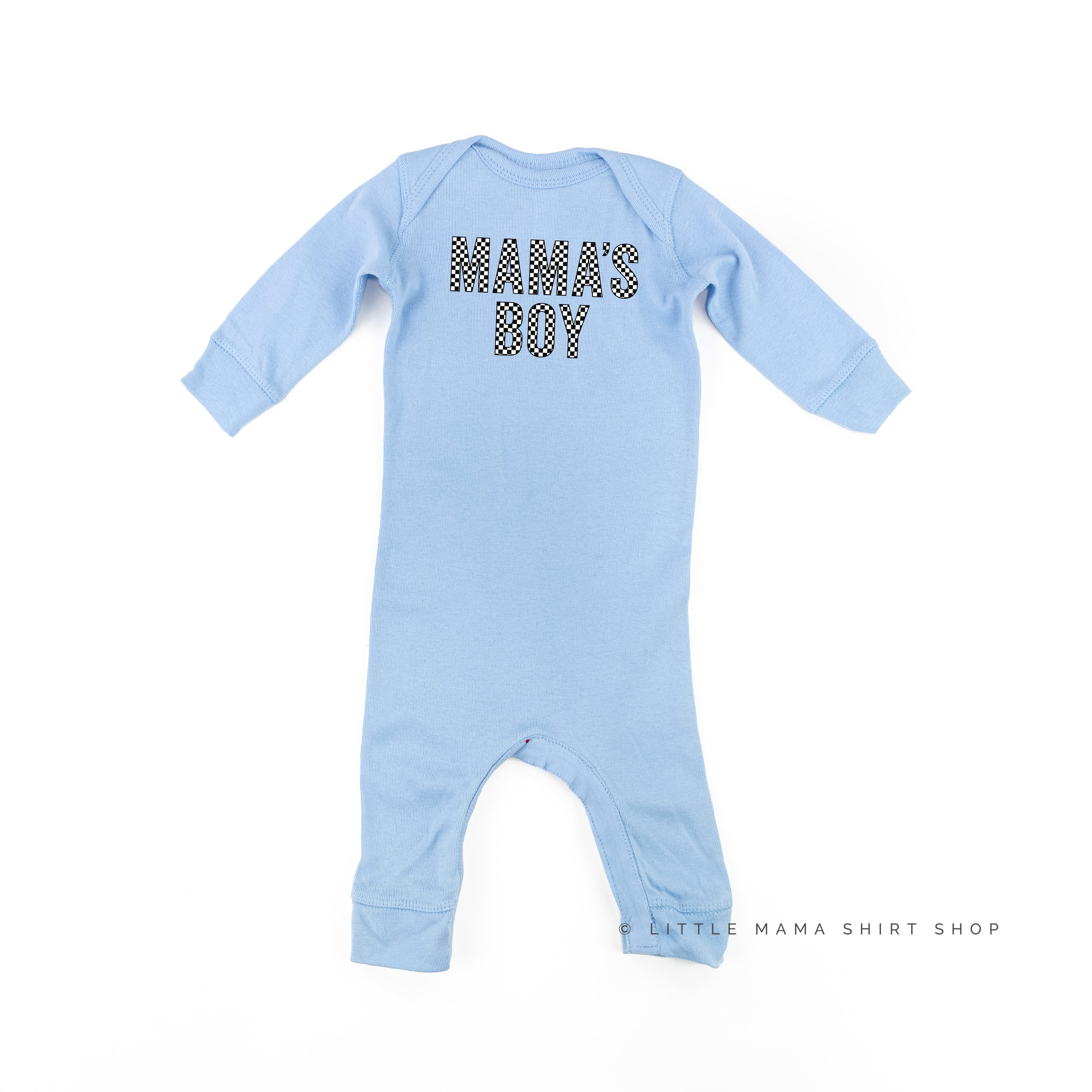 BLOCK FONT CHECKERS - MAMA'S BOY - One Piece Baby Sleeper Little Mama Shirt Shop