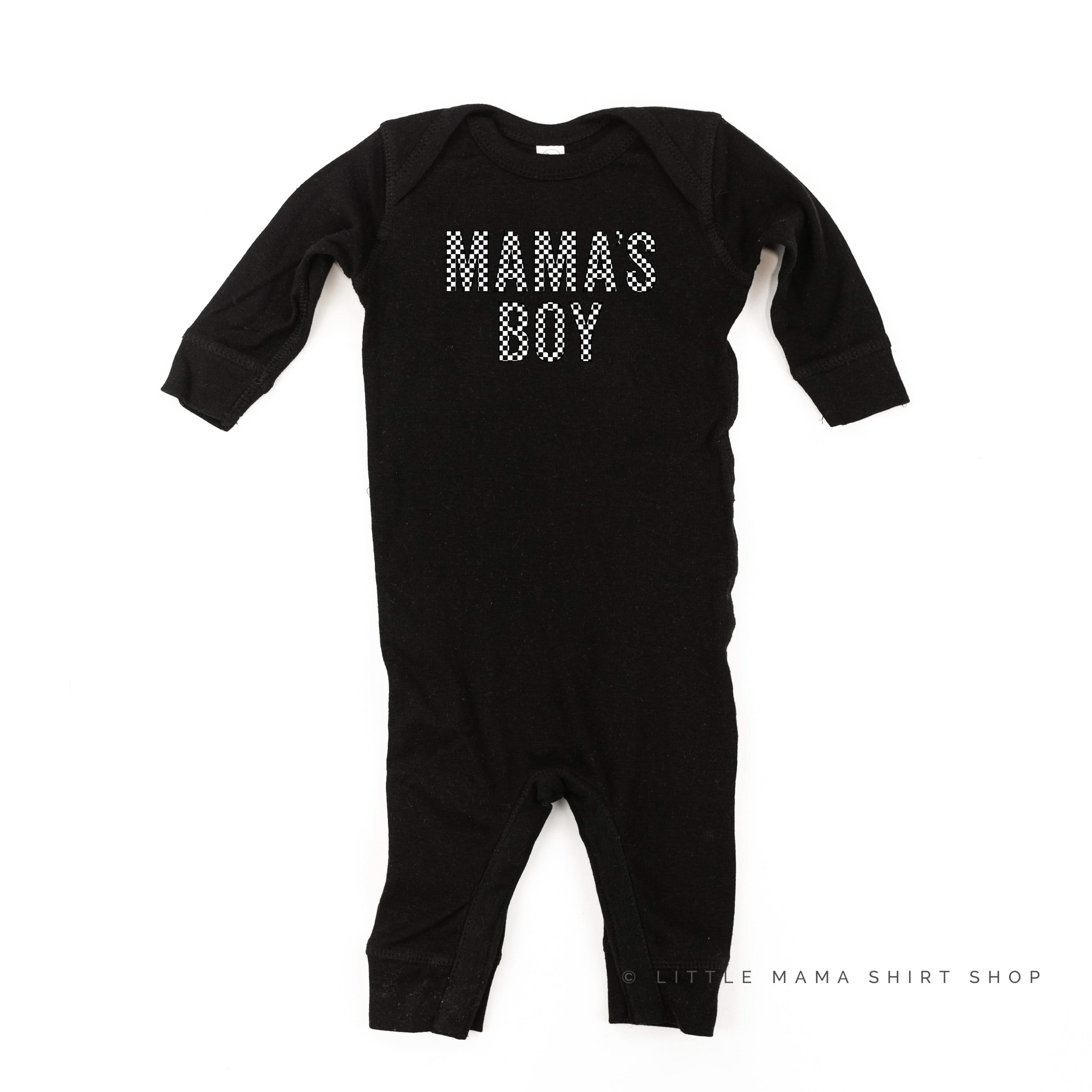 BLOCK FONT CHECKERS - MAMA'S BOY - One Piece Baby Sleeper Little Mama Shirt Shop