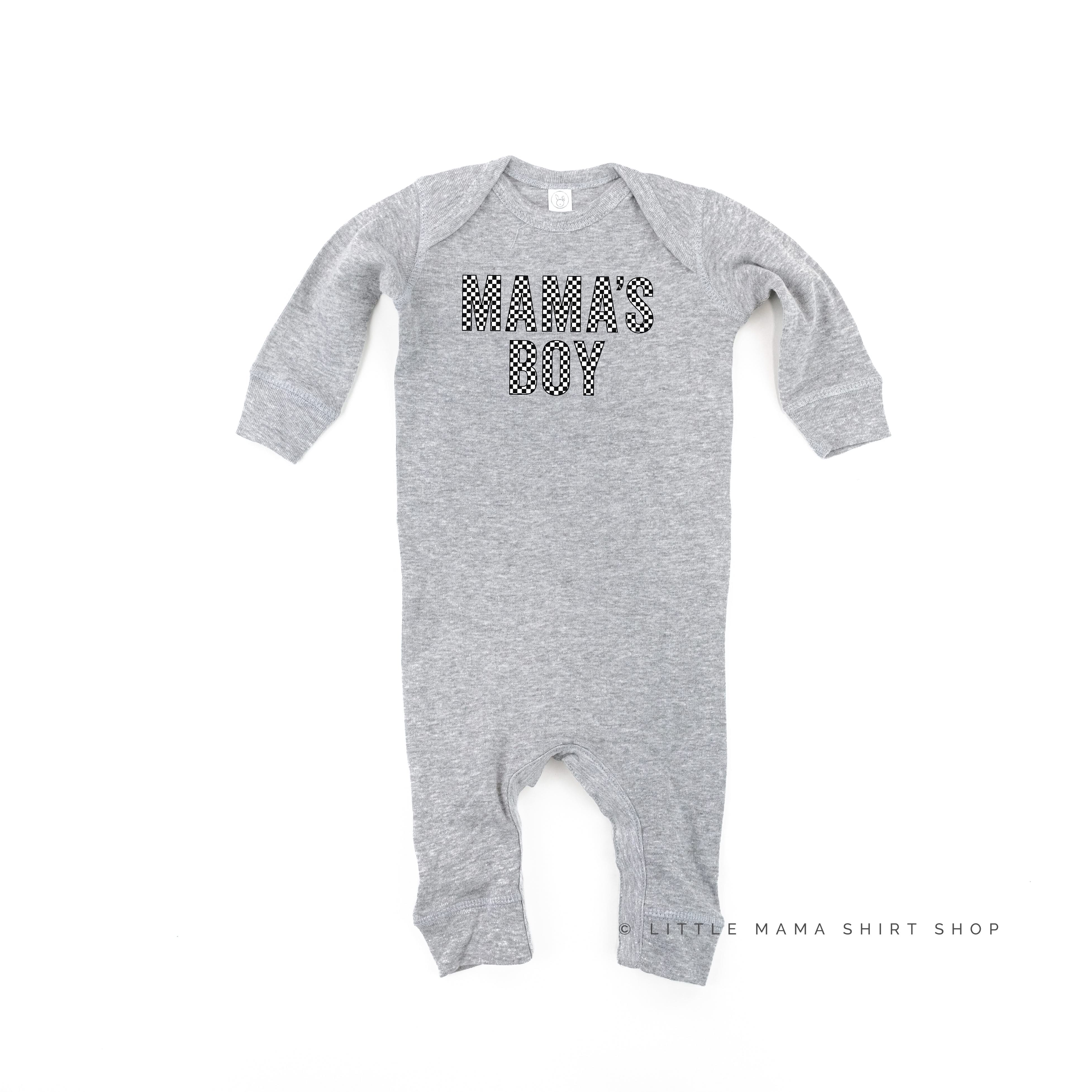 BLOCK FONT CHECKERS - MAMA'S BOY - One Piece Baby Sleeper Little Mama Shirt Shop