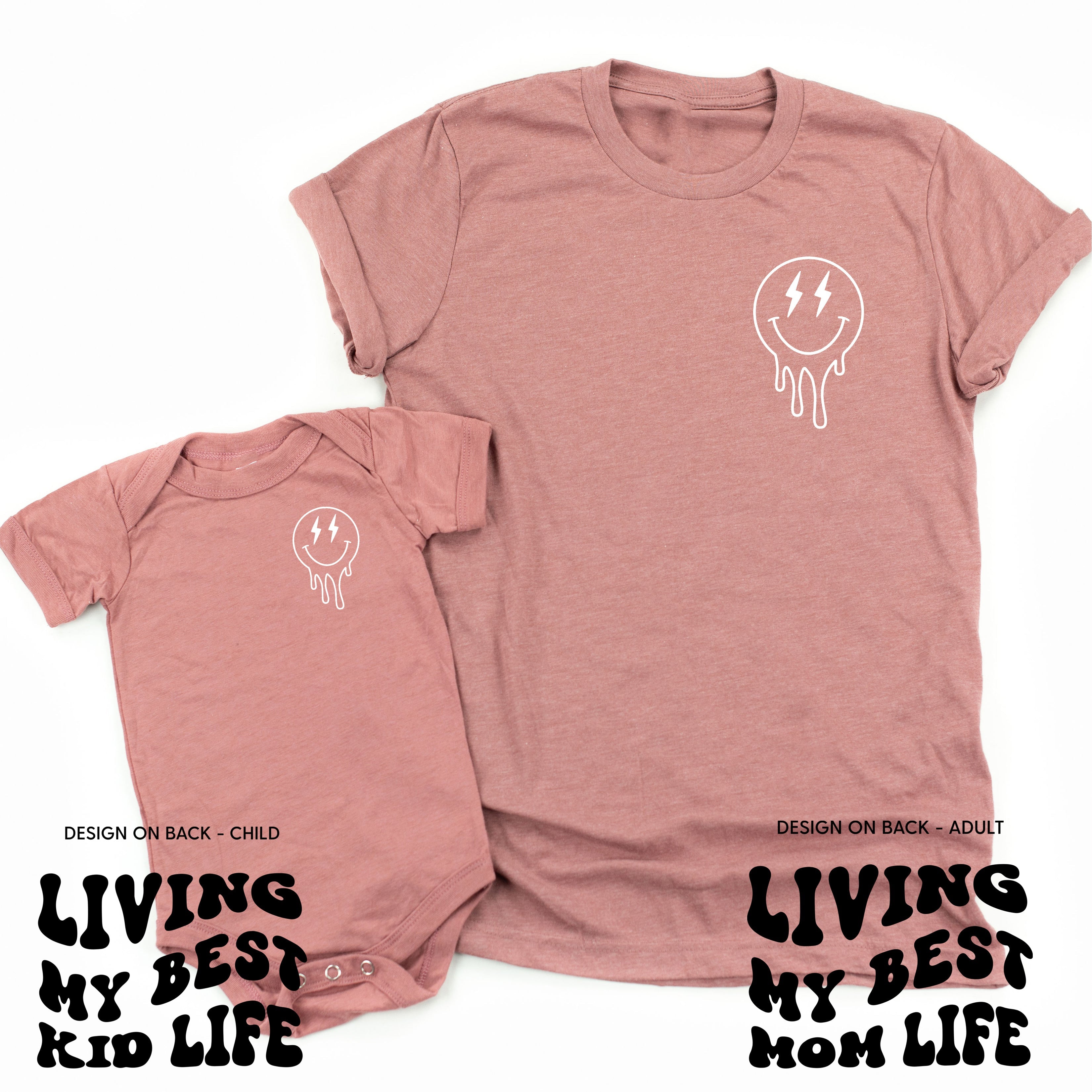 Living My Best Mom / Kid Life (w/ Melty Lightning Smileys) - Set of 2 Matching Shirts Little Mama Shirt Shop