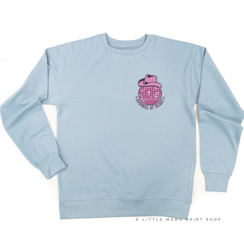 Cowgirl at Heart - Disco (Pocket) w/ Howdy x3 on Back - Distressed Design - Lightweight Pullover Sweater