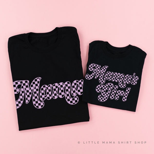 Retro Checkers - MAMA+MAMA'S GIRL - PURPLE DESIGN - Set of 2 BLACK Shirts