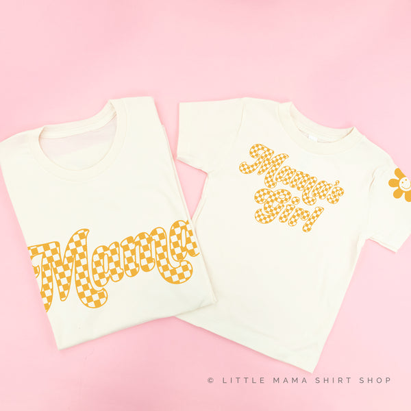 Retro Checkers - MAMA+MAMA'S GIRL - YELLOW DESIGN - Set of 2 NATURAL Shirts