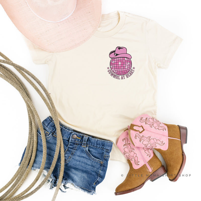 Cowgirl at Heart - Disco (Pocket) w/ Howdy x3 on Back - Distressed Design - Short Sleeve Child Shirt