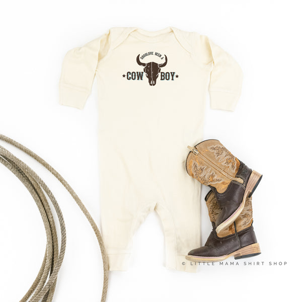 Should've Been a Cowboy - Distressed Design - One Piece Baby Sleeper