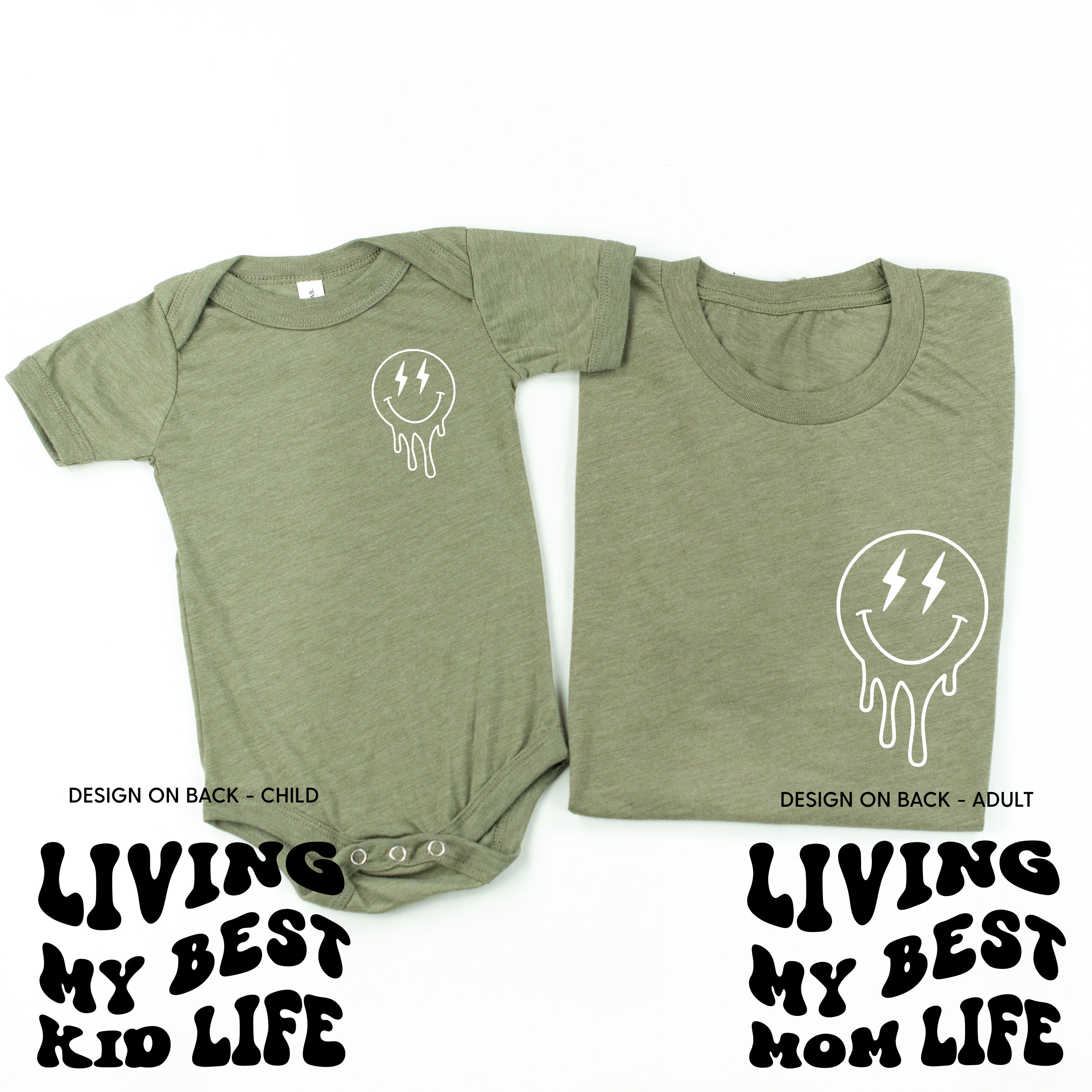 Living My Best Mom / Kid Life (w/ Melty Lightning Smileys) - Set of 2 Matching Shirts Little Mama Shirt Shop