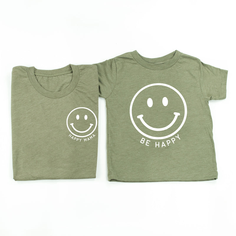 Happy Mama + Be Happy - (Black or White Smiley Faces) - Set of 2 Unisex Tees