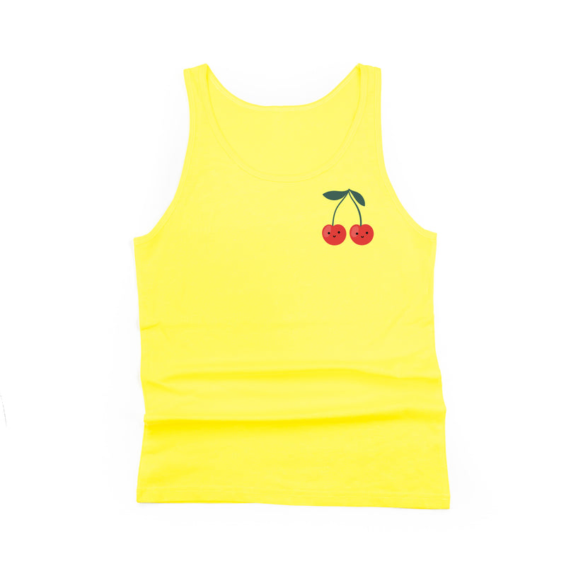 Pocket Fruit (Front) w/ Group of Smiley Fruit (Back) - Unisex Jersey Tank