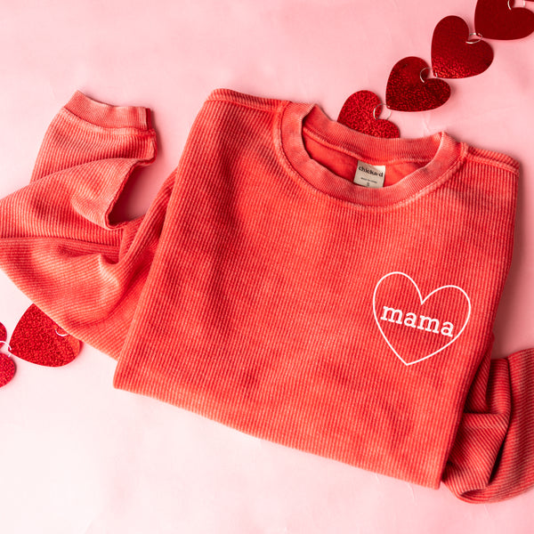 Red Corded Sweatshirt - Embroidered - Mama - (Heart Around)