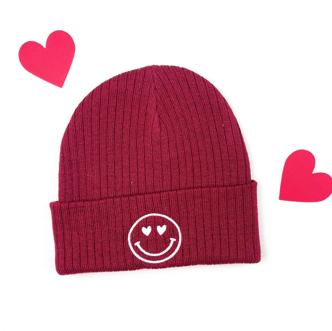 Ribbed Beanie - HEART EYE SMILEY - Maroon Little Mama Shirt Shop LLC