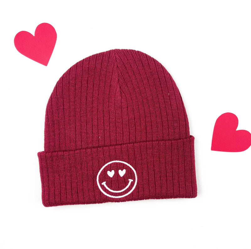 Ribbed Beanie - HEART EYE SMILEY - Maroon