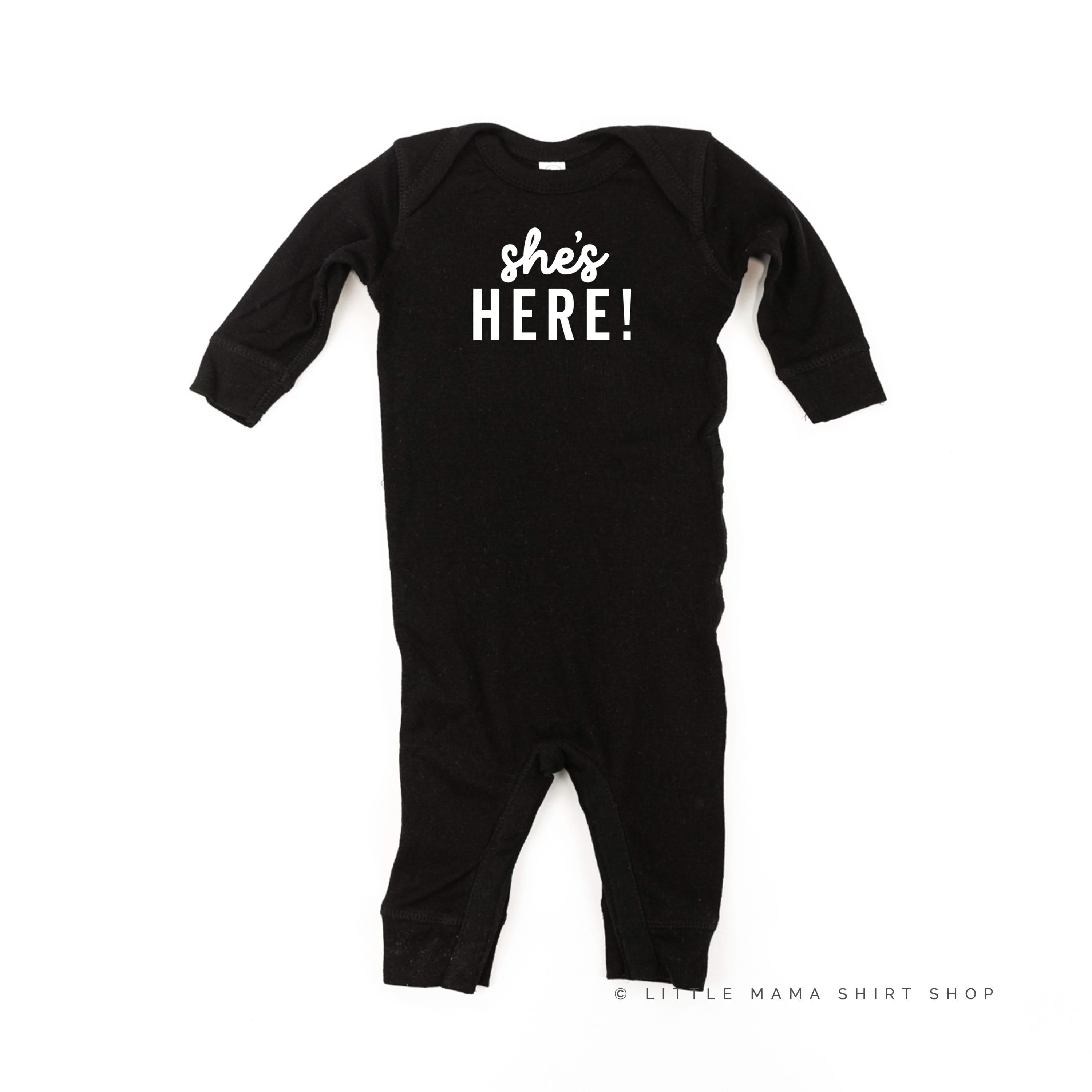 SHE'S HERE! - One Piece Baby Sleeper Little Mama Shirt Shop