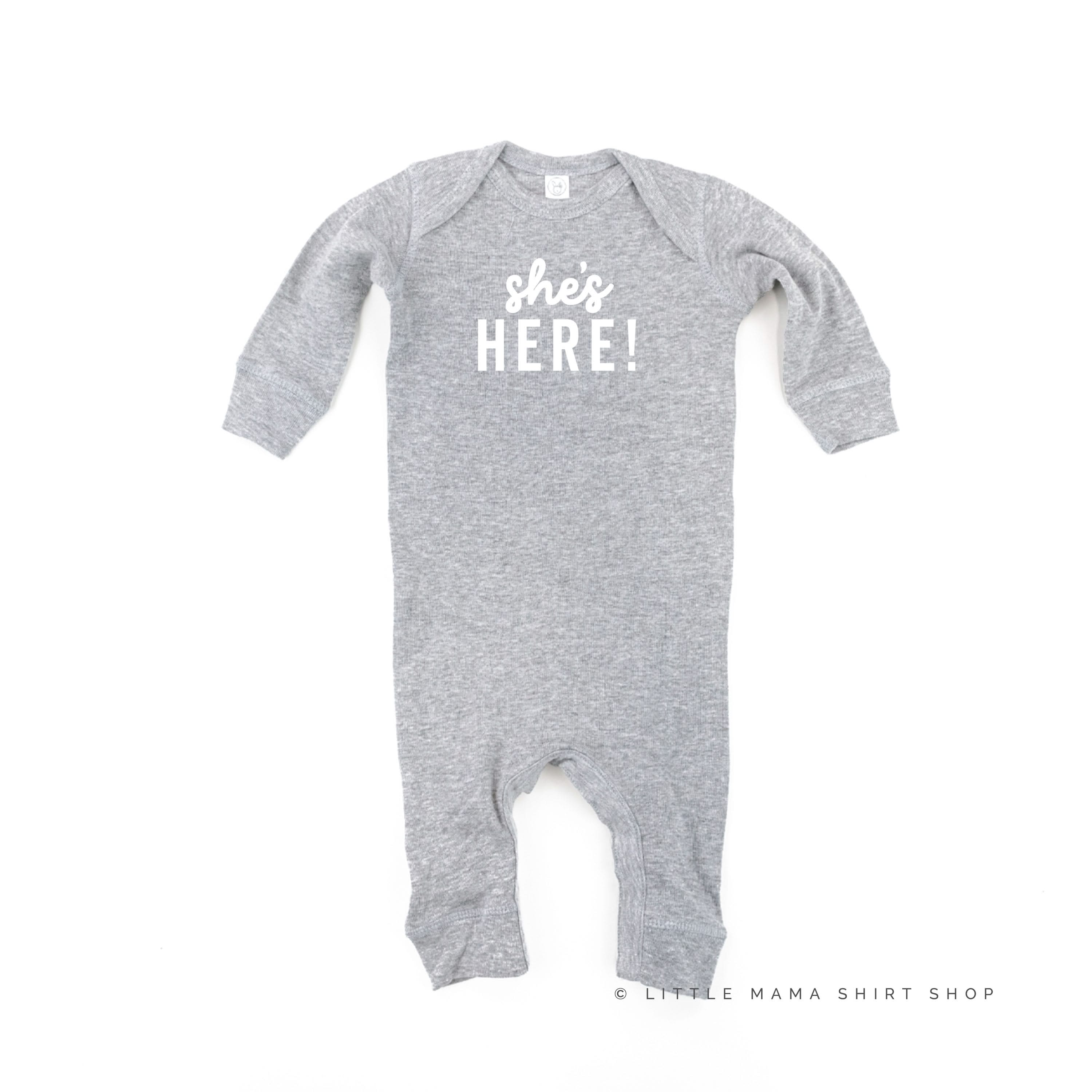 SHE'S HERE! - One Piece Baby Sleeper Little Mama Shirt Shop