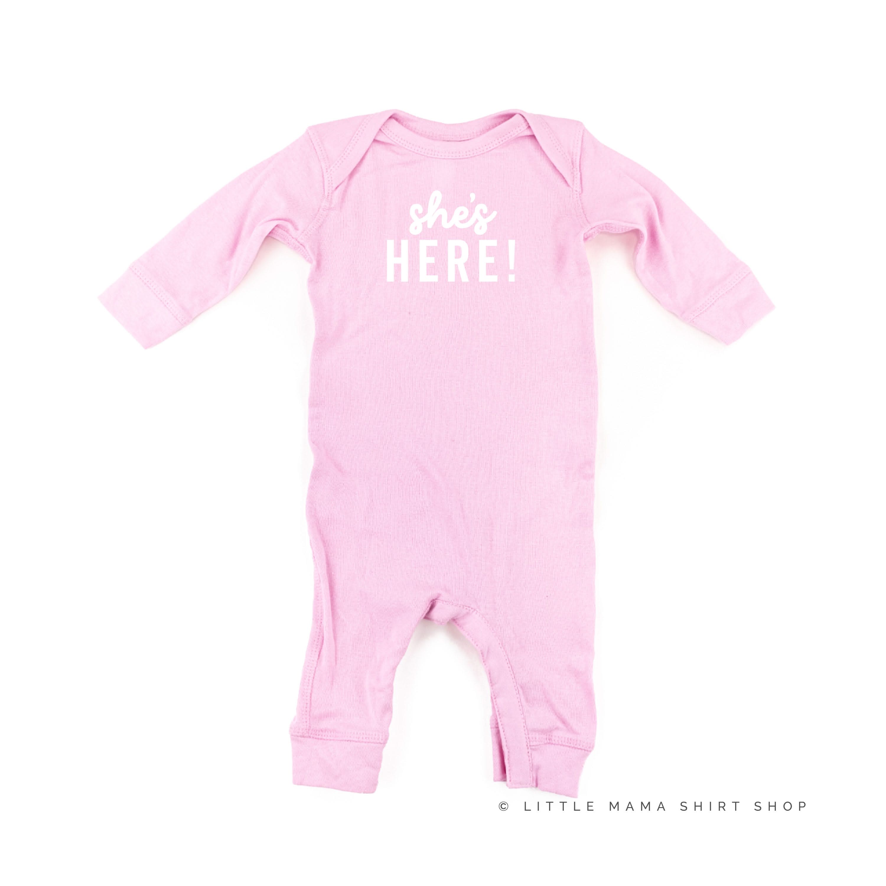 SHE'S HERE! - One Piece Baby Sleeper Little Mama Shirt Shop