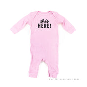 SHE'S HERE! - One Piece Baby Sleeper Little Mama Shirt Shop