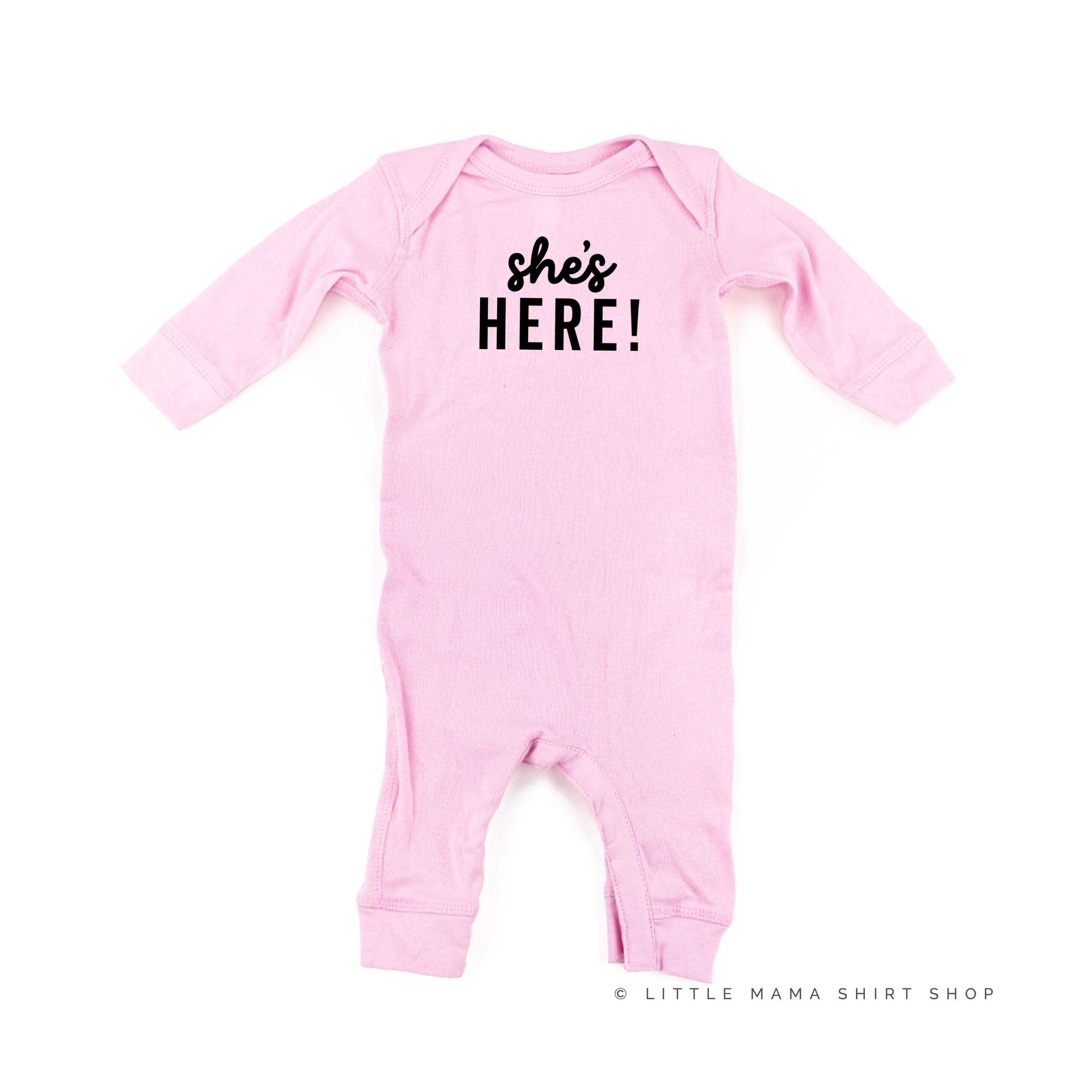 SHE'S HERE! - One Piece Baby Sleeper Little Mama Shirt Shop