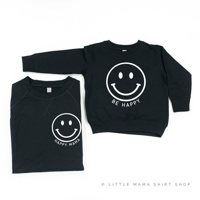 Happy Mama + Be Happy - White Smiley Faces - Set of 2 Black Sweaters