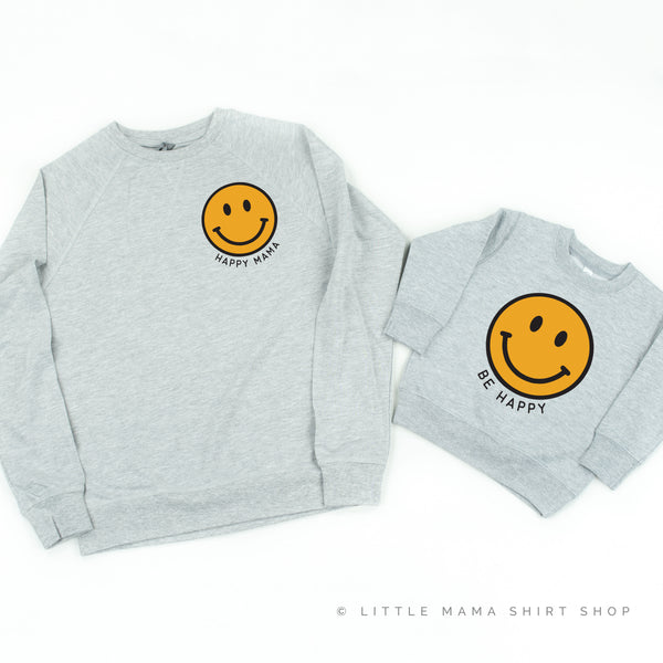 Happy Mama + Be Happy - Yellow Smiley Faces - Set of 2 Gray Sweaters
