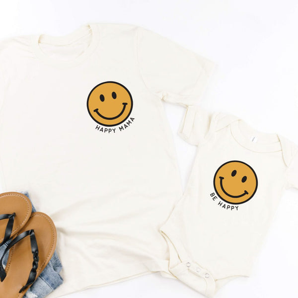 Happy Mama + Be Happy - YELLOW+BLACK Smiley Faces | Set of 2 Natural Shirts