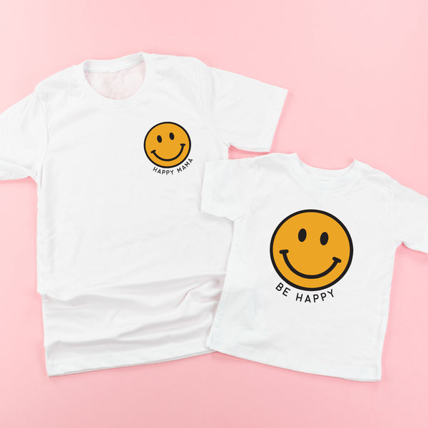 Happy Mama + Be Happy - YELLOW + BLACK Smiley Faces | Set of 2 White Shirts