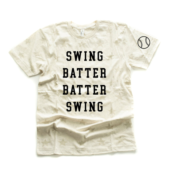 Swing Batter Batter Swing - Baseball Detail on Sleeve - Unisex STAR Tee