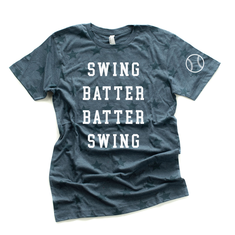 Swing Batter Batter Swing - Baseball Detail on Sleeve - Unisex STAR Tee