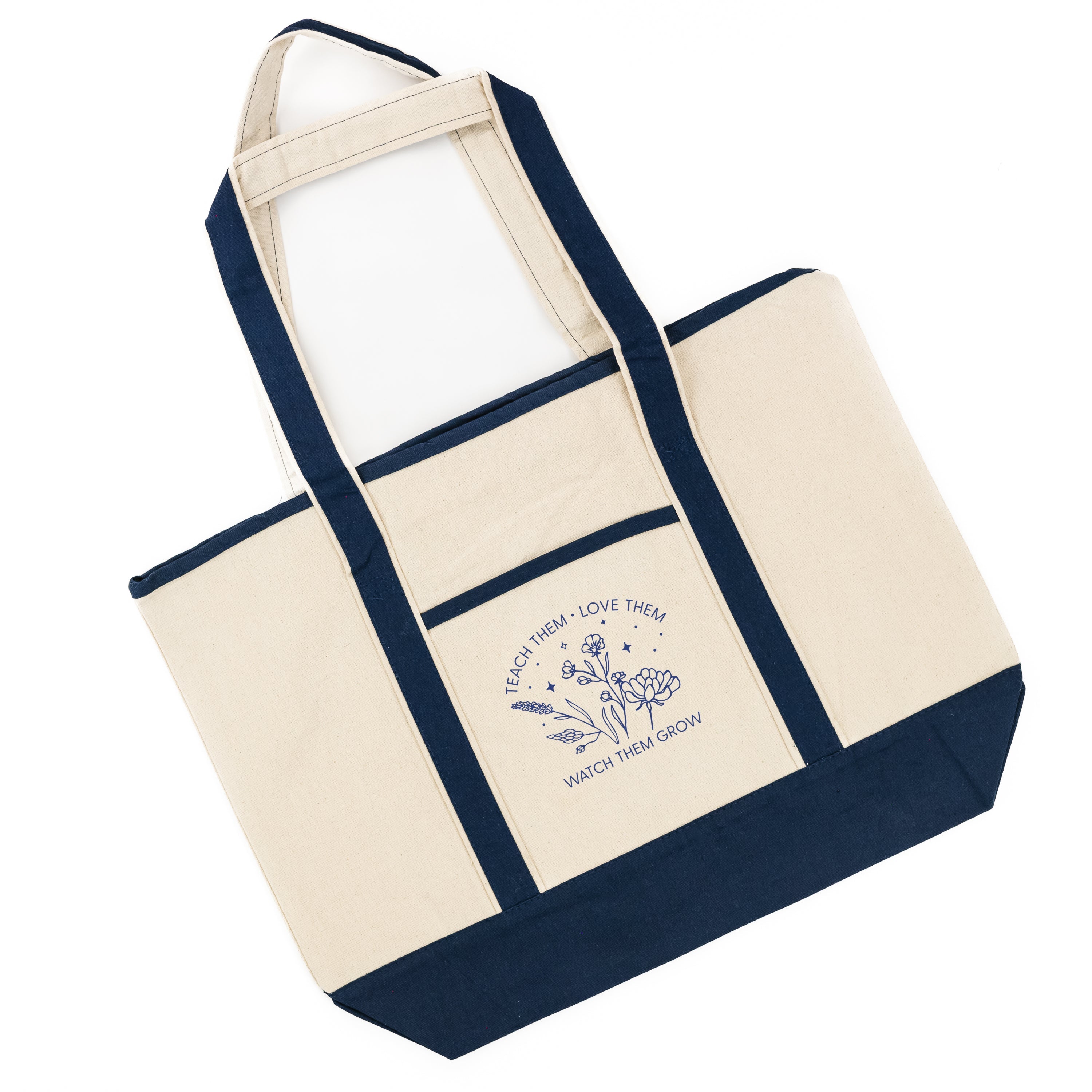 Teach Them Love Them Watch Them Grow - Bouquet - Navy Embroidered Tote - Large Size Little Mama Shirt Shop