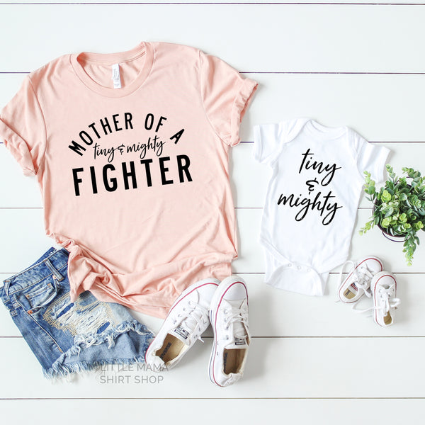 Tiny and Mighty Fighter | Set of 2 Shirts (Blush w/Black Adult and White w/Black Child Shirt)