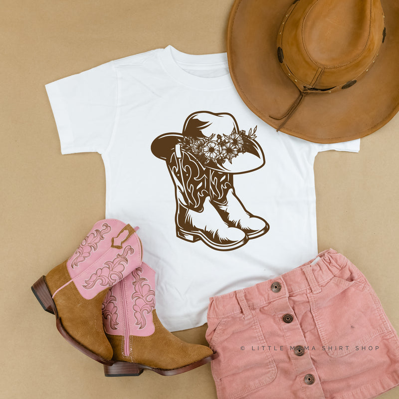 Cowgirl Boots w/ Hat and Flowers - Short Sleeve Child Shirt