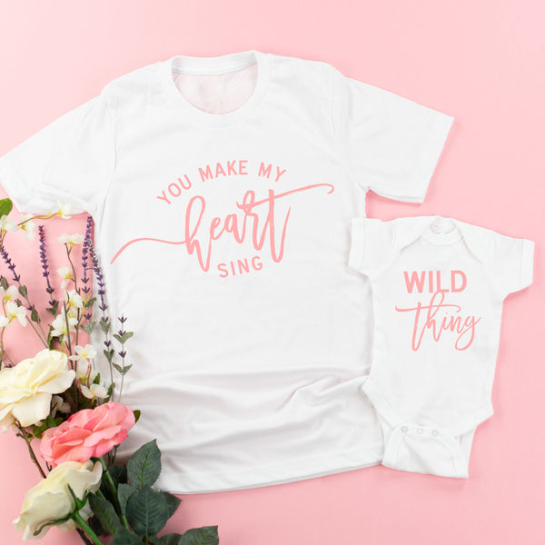 Wild Thing - You Make My Heart Sing | White Shirts w/ Pink Design | Set of 2 Shirts
